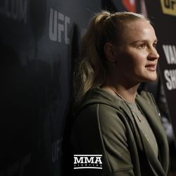 Valentina Shevchenko answers a question at UFC 213 media day.
