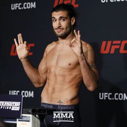Elias Theodorou makes weight at the TUF 25 Finale official weigh-ins at MGM Conference Center.