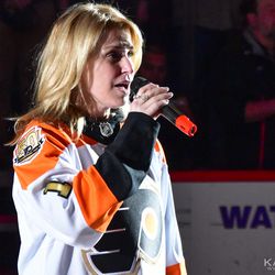 Lauren Hart made her way out to Reading to sing the anthem to videos of Kate Smith