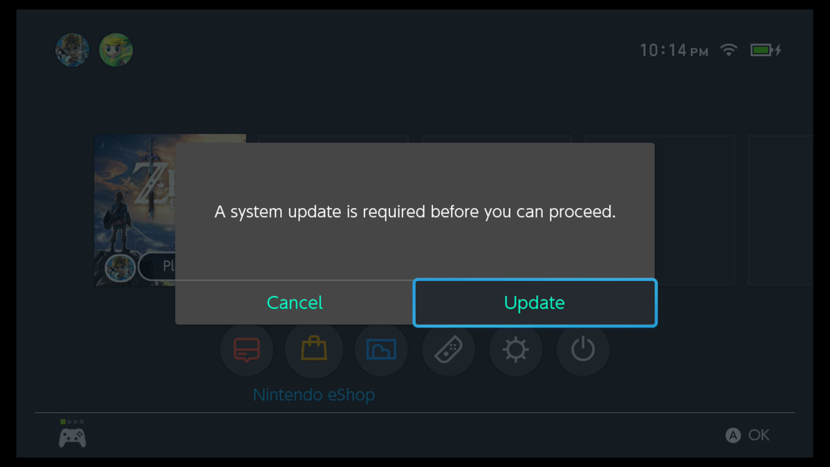 Nintendo Switch - system update required pop-up