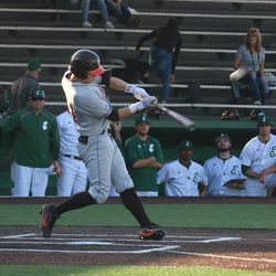One of the Bowling Green players swinging the bat