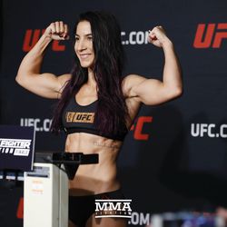 Tecia Torres makes weight at the TUF 25 Finale official weigh-ins at MGM Conference Center.