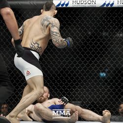 Santiago Ponzinibbio knocks down Gunnar Nelson at UFC Fight Night 113 on Sunday at the The SSE Hydro in Glasgow, Scotland.