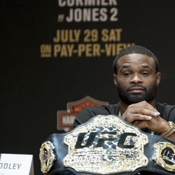 Tyron Woodley listens to a question.