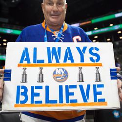 Sign Guy. Islanders-Devils preseason game, Barclays Center, Brooklyn, Sept. 25, 2017