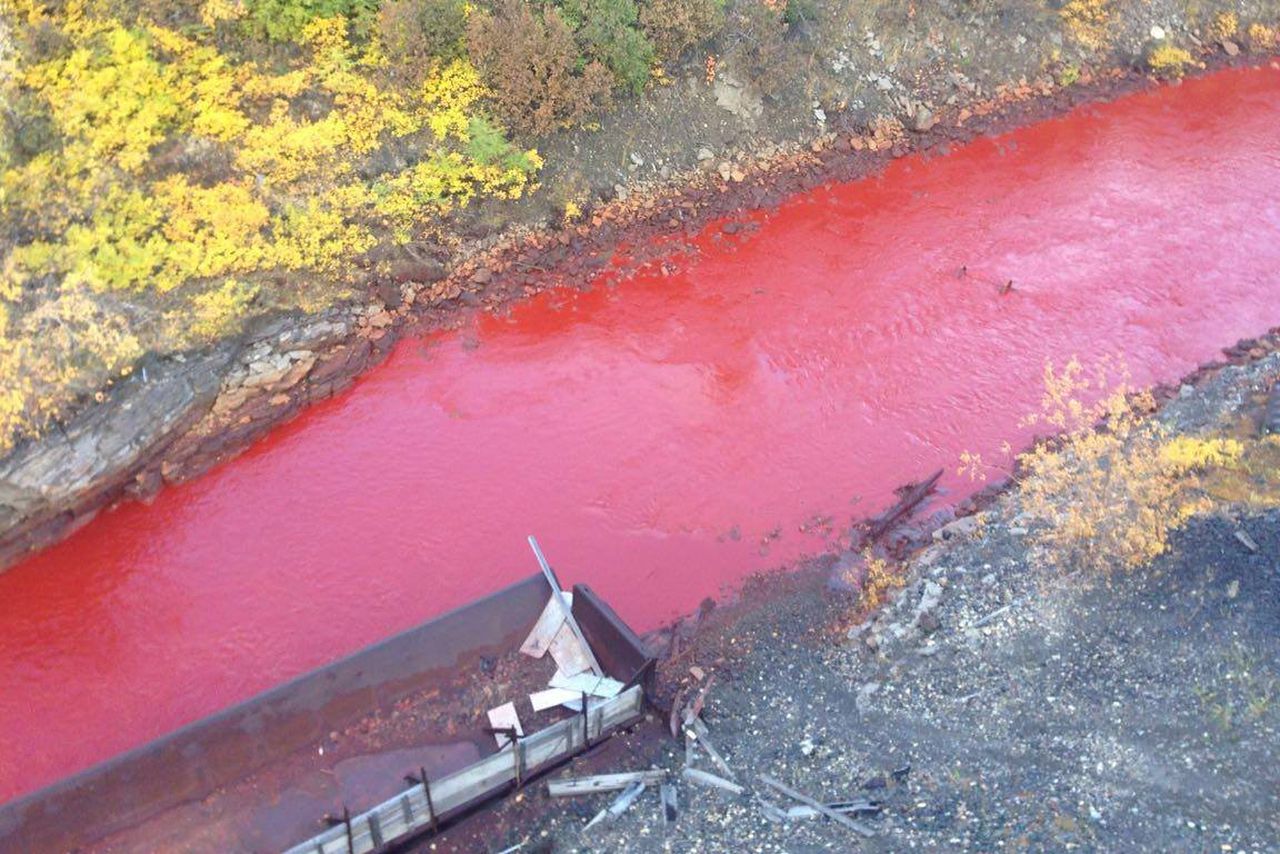 Image result for Russian river turned red by waste