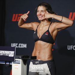 Ashley Yoder all smiles after making weight at the buzzer at the TUF 25 Finale official weigh-ins at MGM Conference Center.