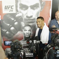 Kevin Lee smiles for the cameras during the UFC 216 open workouts Thursday at T-Mobile Arena in Las Vegas.