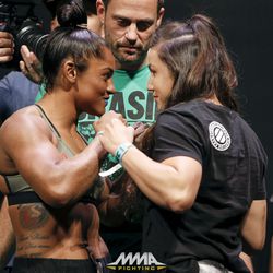Viviane Pereira and Jamie Moyle square off at UFC 212 weigh-ins.