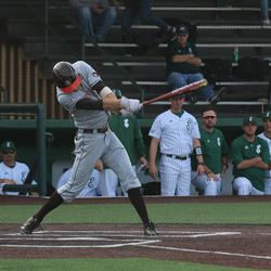 A Bowling Green player takes a swing of the bat.<br>