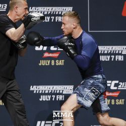 Justin Gaethje works his stand-up during UFC 213 open workouts Wednesday at the Park Theater in Las Vegas, Nevada.