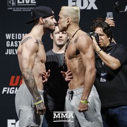 Shane Burgos and Godofredo Pepey square off at UFC on FOX 25 weigh-ins.