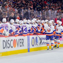 John Tavares leading the boys in celebration of Anders Lee’s goal during the first period