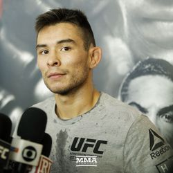Ray Borg talking to the media during the UFC 216 open workouts Thursday at T-Mobile Arena in Las Vegas.