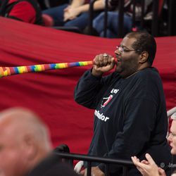 Big Mike’s horn is wrapped in pride tape. February 24, 2017. You Can Play Night, Carolina Hurricanes vs. Ottawa Senators, PNC Arena, Raleigh, NC. Copyright © 2017 Jamie Kellner. All Rights Reserved.