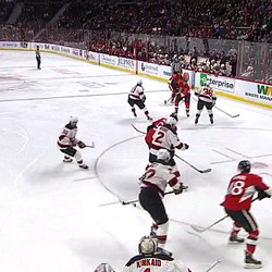 Screen #16 - Double deflections are hard. They’re harder when there’s three guys in the way at the time of the initial shot: Bobby Ryan (who deflects it first), John Moore, and Kyle Quincey (who deflects it second). Poor Kinkaid.