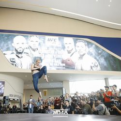 Valentina Shevchenko throws a knee at UFC 215 open workouts at the Rogers Place in Edmonton, Alberta, Canada.