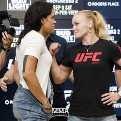 Amanda Nunes and Valentina Shevchenko face off at UFC 215 media day at the Rogers Place in Edmonton, Alberta, Canada.