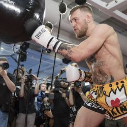 Conor McGregor hits the bag at media workout.