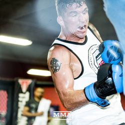 Darren Elkins working the body at UFC on FOX 25 open workouts Thursday at UFC Gym in New Hyde Park, N.Y.