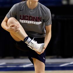 UConn’s Molly Bent warms up before their Sweet 16 practice.