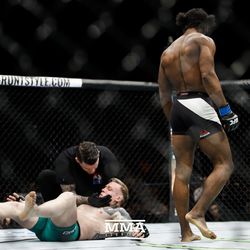 Galore Bofando walks away from his knocked out opponent at UFC Fight Night 113 on Sunday at the The SSE Hydro in Glasgow, Scotland.