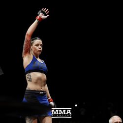 Joanne Calderwood salutes the crowd at UFC Fight Night 113 on Sunday at the The SSE Hydro in Glasgow, Scotland.