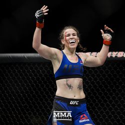 Leslie Smith celebrates her win at UFC Fight Night 113 on Sunday at the The SSE Hydro in Glasgow, Scotland.