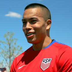 Bobby Wood getting interviewed after practice.