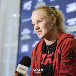 Valentina Shevchenko speaks to reporters at UFC 215 media day at the Rogers Place in Edmonton, Alberta, Canada.