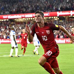 Pulisic celebrates after scoring a phenomenal goal for the national team.