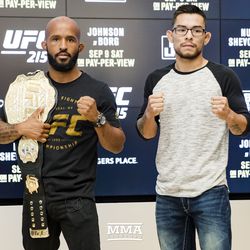 Demetrious Johnson and Ray Borg pose for media at UFC 215 media day at the Rogers Place in Edmonton, Alberta, Canada.