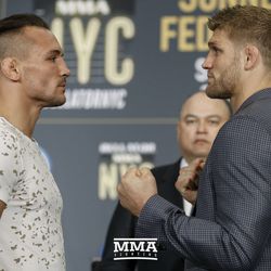 Michael Chandler and Brent Primus square off at the Bellator NYC press conference.