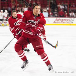 Victor Rask uses pride tape on his stick during warmups. February 24, 2017. You Can Play Night, Carolina Hurricanes vs. Ottawa Senators, PNC Arena, Raleigh, NC. Copyright © 2017 Jamie Kellner. All Rights Reserved.