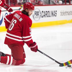 Elias Lindholm uses pride tape on his stick during warmups. February 24, 2017. You Can Play Night, Carolina Hurricanes vs. Ottawa Senators, PNC Arena, Raleigh, NC. Copyright © 2017 Jamie Kellner. All Rights Reserved.