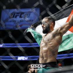 Belal Muhammad celebrates the win at UFC 213.