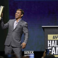 Urijah Faber accepts his UFC Hall of Fame honor at the induction ceremony Thursday night at Park Theater in Las Vegas.