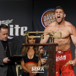Brent Primus flexes at Bellator NYC weigh-ins.