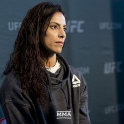 Mara Romero Borella listens to question at UFC 216 media day.