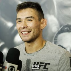 Ray Borg chatting with reporters during the UFC 216 open workouts Thursday at T-Mobile Arena in Las Vegas.