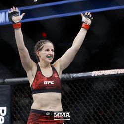 Sarah Moras celebrates her win at UFC 215.