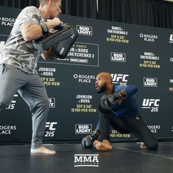 Demetrious Johnson gets loose at UFC 215 open workouts at the Rogers Place in Edmonton, Alberta, Canada.