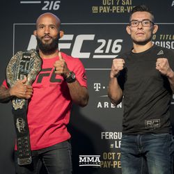 Demetrious Johnson and Ray Borg pose at UFC 216 media day.