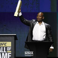 Maurice Smith accepts his UFC Hall of Fame honor at the induction ceremony Thursday night at Park Theater in Las Vegas.