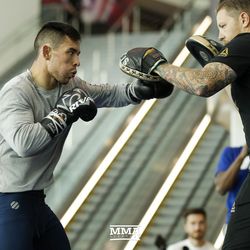 Ray Borg hitting mitts during the UFC 216 open workouts Thursday at T-Mobile Arena in Las Vegas.