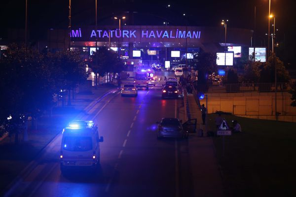 Police block the entrance to Ataturk International Airport.