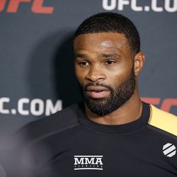 Tyron Woodley answers media questions.