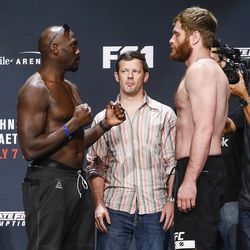 Jared Cannonier and Nick Roehrick face off at the TUF 25 Finale ceremonial weigh-ins Thursday at Park Theater in Las Vegas.
