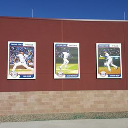 Cubs player baseball “cards” on the outer wall of Sloan Park