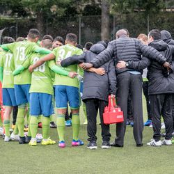 Sounders FC 2 huddles before match